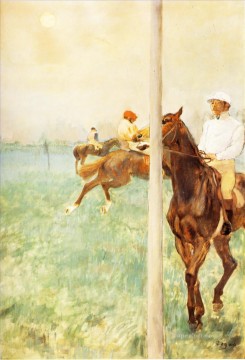 エドガー・ドガ Painting - フラッグポールを持ったスタート前の騎手たち 1879年 エドガー・ドガ